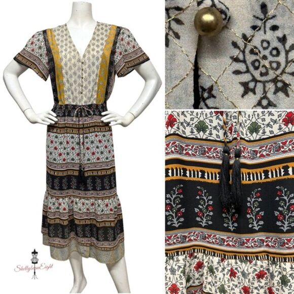 ANTHROPOLOGIE One September Provencal Midi Peasant Boho Dress Embroidered XS S - Picture 2 of 13